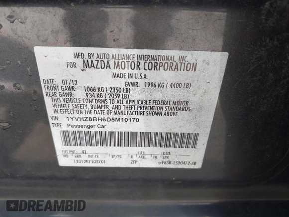 2013 Mazda 6 i Sport with VIN 1YVHZ8BH6D5M10170, listed as a IAAI auction lot 42208940 with 187,492 mi miles and . Bid and sale history available at DreamBid. Image 9.