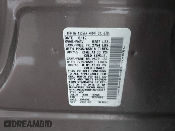 2012 Nissan Murano SV with VIN JN8AZ1MW6CW236317, listed as a IAAI auction lot 42113788 with 172,733 mi miles and . Bid and sale history available at DreamBid. Image 9.