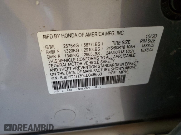 2020 Acura MDX with VIN 5J8YD4H39LL048663, listed as a Copart auction lot 47036155 with 0 mi miles and Salvage Title. Bid and sale history available at carsss.com. Image 14.