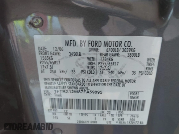 2007 Ford F-150 STX with VIN 1FTRX12W87FA59895, listed as a IAAI auction lot 41918166 with 193,851 mi miles and . Bid and sale history available at DreamBid. Image 9.