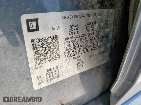 2020 Chevrolet Colorado 4WD LT with VIN 1GCGTCEN2L1102779, listed as a Copart auction lot 57091205 with 95,150 mi miles and Salvage title. Bid and sale history available at DreamBid. Image 13.