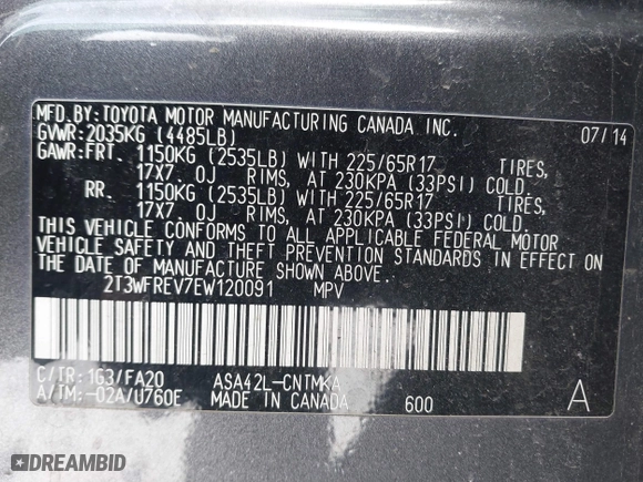 2014 Toyota RAV4 XLE with VIN 2T3WFREV7EW120091, listed as a IAAI auction lot 41605438 with 109,865 mi miles. Bid and sale history available at carsss.com. Image 9.