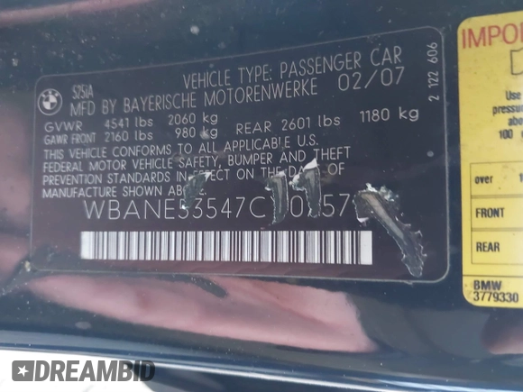 2007 BMW 5 Series 525i with VIN WBANE53547CY07574, listed as a IAAI auction lot 41685310 with Not Provided miles and . Bid and sale history available at carsss.com. Image 9.