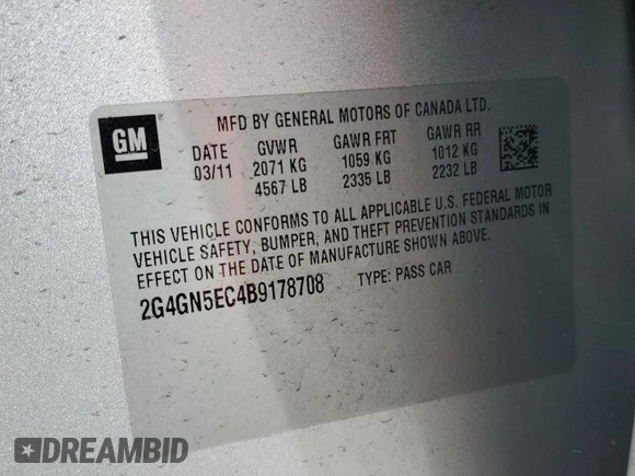 2011 Buick Regal CXL RL1 with VIN 2G4GN5EC4B9178708, listed as a Copart auction lot 51629425 with 60,827 mi miles and Salvage Title. Bid and sale history available at DreamBid. Image 12.