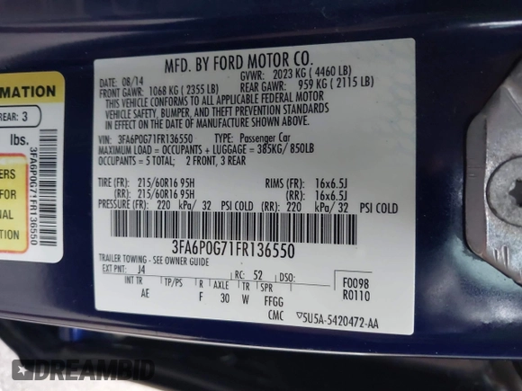 2015 Ford Fusion S with VIN 3FA6P0G71FR136550, listed as a IAAI auction lot 42163658 with 93,373 mi miles and . Bid and sale history available at DreamBid. Image 9.