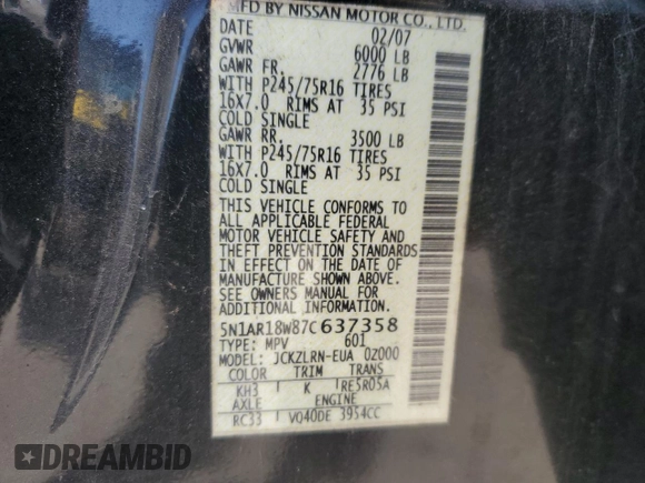 2007 Nissan Pathfinder SE z VIN 5N1AR18W87C637358, wystawiony jako Copart lot #61691545 z przebiegiem 97 134 mil mil oraz Czysty tytuł • Clean title. Historia ofert i sprzedaży dostępna na DreamBid. Obrazek 13.