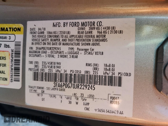 2018 Ford Fusion S with VIN 3FA6P0G70JR229245, listed as a Copart auction lot 86637894 with 110,654 mi miles and Salvage Title. Bid and sale history available at carsss.com. Image 12.