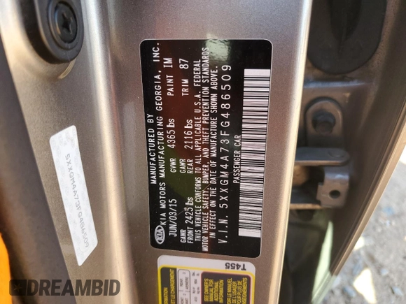 2015 Kia Optima LX with VIN 5XXGM4A73FG486509, listed as a Copart auction lot 49410275 with 110,028 mi miles and Salvage Title. Bid and sale history available at carsss.com. Image 14.