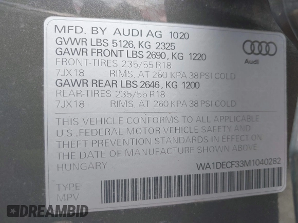 2021 Audi Q3 S line Premium z VIN WA1DECF33M1040282, wystawiony jako IAAI lot #42162587 z przebiegiem 90 509 mil mil oraz . Historia ofert i sprzedaży dostępna na DreamBid. Obrazek 9.