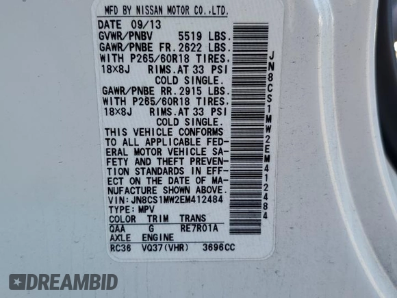 2014 Infiniti QX70 z VIN JN8CS1MW2EM412484, wystawiony jako Copart lot #56695895 z przebiegiem Nie podano mil oraz Szkoda całkowita • Salvage title. Historia ofert i sprzedaży dostępna na DreamBid. Obrazek 13.