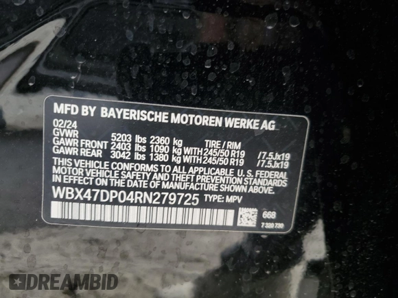 2024 BMW X3 sDrive30i with VIN WBX47DP04RN279725, listed as a Copart auction lot 46577905 with 13,419 mi miles and Salvage Title. Bid and sale history available at DreamBid. Image 14.