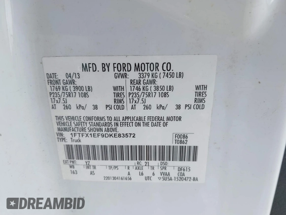 2013 Ford F-150 XL z VIN 1FTFX1EF9DKE83572, wystawiony jako IAAI lot #41435726 z przebiegiem 294 551 mil mil oraz . Historia ofert i sprzedaży dostępna na DreamBid. Obrazek 9.