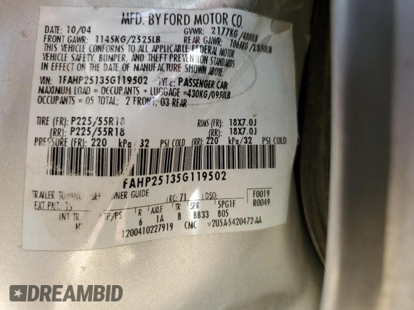 2005 Ford Five Hundred Limited with VIN 1FAHP25135G119502, listed as a Copart auction lot 59969975 with Not provided miles and Salvage title. Bid and sale history available at DreamBid. Image 12.