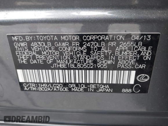 2013 Lexus GS 350 z VIN JTHBE1BL8D5021905, wystawiony jako IAAI lot #42357199 z przebiegiem 73 360 mil mil oraz . Historia ofert i sprzedaży dostępna na DreamBid. Obrazek 9.