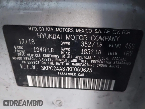 2019 Hyundai Accent SE with VIN 3KPC24A37KE069625, listed as a IAAI auction lot 41465042 with 63,825 mi miles. Bid and sale history available at carsss.com. Image 9.