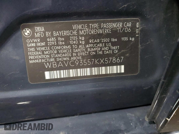 2007 BMW 3 Series 328xi with VIN WBAVC93557KX57867, listed as a Copart auction lot 49716095 with 103,578 mi miles and Salvage Title. Bid and sale history available at carsss.com. Image 12.