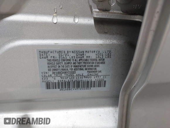 2021 Nissan Sentra SV with VIN 3N1AB8CV4MY233303, listed as a IAAI auction lot 41935664 with 25,878 mi miles and . Bid and sale history available at DreamBid. Image 9.