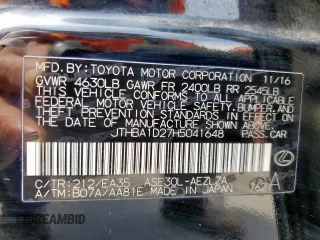 2017 Lexus IS with VIN JTHBA1D27H5041648, listed as a Copart auction lot 50525555 with 86,238 mi miles and Salvage Title. Bid and sale history available at carsss.com. Image 12.