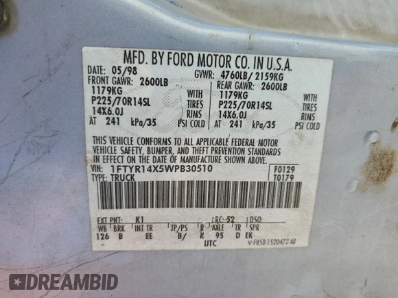 1998 Ford Ranger XL with VIN 1FTYR14X5WPB30510, listed as a Copart auction lot 45645355 with 234,252 mi miles and Salvage title. Bid and sale history available at DreamBid. Image 13.