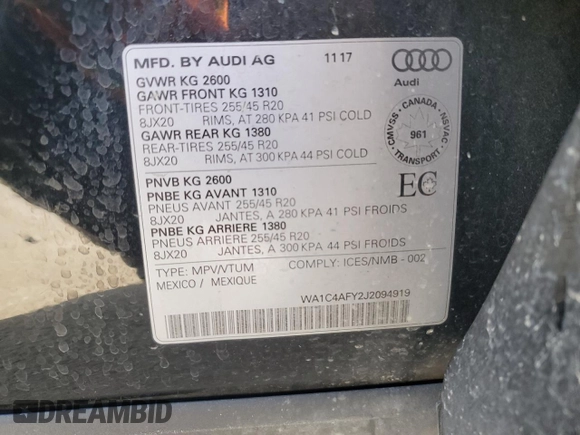 2018 Audi SQ5 Prestige with VIN WA1C4AFY2J2094919, listed as a Copart auction lot 53244495 with Not Provided miles and Salvage Title. Bid and sale history available at DreamBid. Image 15.