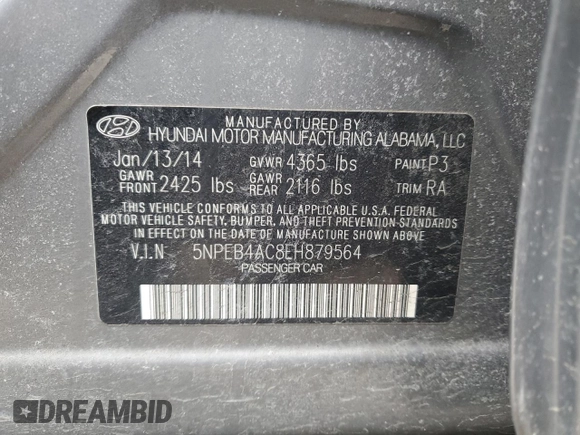 2014 Hyundai Sonata GLS with VIN 5NPEB4AC8EH879564, listed as a Copart auction lot 48043785 with 108,432 mi miles and Clean Title. Bid and sale history available at carsss.com. Image 12.