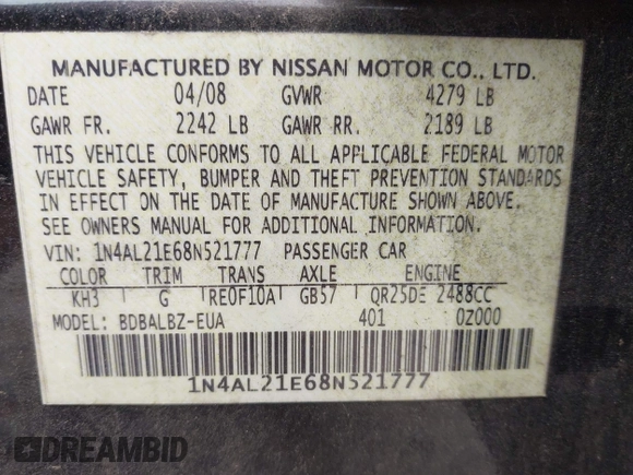 2008 Nissan Altima SL with VIN 1N4AL21E68N521777, listed as a IAAI auction lot 42170504 with 150,688 mi miles and . Bid and sale history available at DreamBid. Image 9.