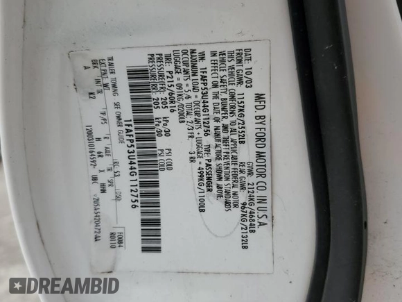 2004 Ford Taurus SE with VIN 1FAFP53U44G112756, listed as a Copart auction lot 50051375 with 93,545 mi miles and Salvage Title. Bid and sale history available at DreamBid. Image 12.