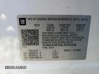 2020 Chevrolet Equinox LT with VIN 3GNAXUEV4LS541858, listed as a Copart auction lot 53329705 with 50,785 mi miles and Salvage Title. Bid and sale history available at DreamBid. Image 13.