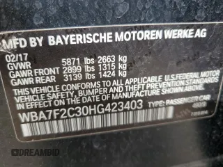 2017 BMW 7 Series with VIN WBA7F2C30HG423403, listed as a Copart auction lot 74029333 with 51,212 mi miles and . Bid and sale history available at DreamBid. Image 12.