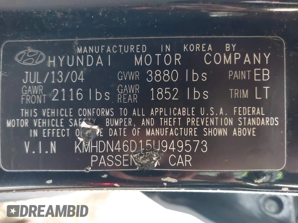 2005 Hyundai Elantra GLS z VIN KMHDN46D15U949573, wystawiony jako IAAI lot #41870209 z przebiegiem 175 819 mil mil oraz . Historia ofert i sprzedaży dostępna na DreamBid. Obrazek 9.
