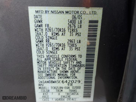 2005 Nissan Xterra S with VIN 5N1AN08WX5C642029, listed as a Copart auction lot 44153615 with 189,120 mi miles and Salvage Title. Bid and sale history available at carsss.com. Image 15.