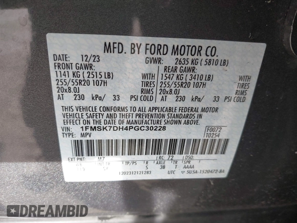 2023 Ford Explorer XLT with VIN 1FMSK7DH4PGC30228, listed as a IAAI auction lot 41851583 with 16,396 mi miles. Bid and sale history available at carsss.com. Image 9.