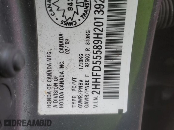 2009 Acura CSX z VIN 2HHFD55589H201392, wystawiony jako Copart lot #81855514 z przebiegiem Nie podano mil oraz Nie do naprawy • Non repairable. Historia ofert i sprzedaży dostępna na DreamBid. Obrazek 12.