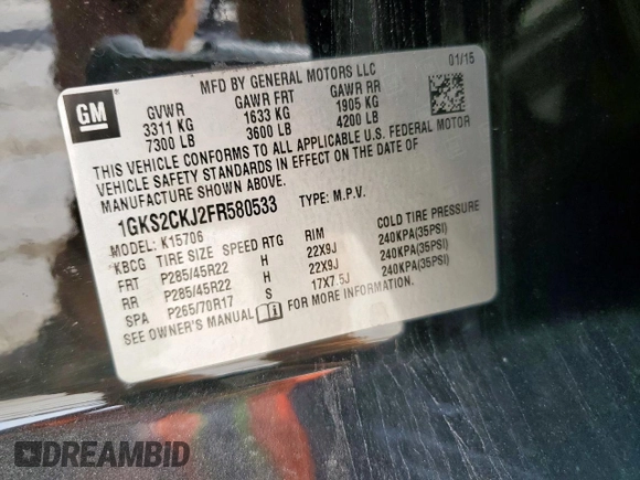 2015 GMC Yukon Denali with VIN 1GKS2CKJ2FR580533, listed as a Copart auction lot 48455205 with 147,532 mi miles and Salvage Title. Bid and sale history available at carsss.com. Image 13.