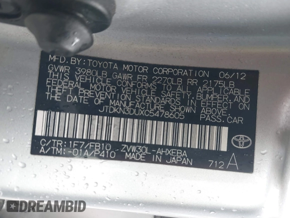 2012 Toyota Prius One with VIN JTDKN3DUXC5478605, listed as a IAAI auction lot 41788143 with 136,876 mi miles and . Bid and sale history available at carsss.com. Image 9.