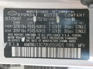 2008 Hyundai Veracruz GLS with VIN KM8NU13C78U050805, listed as a Copart auction lot 45502145 with 96,727 mi miles and Salvage Title. Bid and sale history available at carsss.com. Image 13.