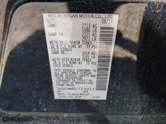 2014 Nissan Pathfinder SV with VIN 5N1AR2MN0EC725921, listed as a IAAI auction lot 41710076 with 468,527 mi miles. Bid and sale history available at carsss.com. Image 9.