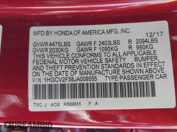 2018 Honda Accord EX-L with VIN 1HGCV2F58JA009555, listed as a IAAI auction lot 42128596 with 94,399 mi miles and . Bid and sale history available at DreamBid. Image 9.