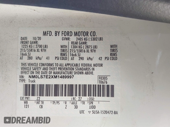 2021 Ford Transit Connect XL z VIN NM0LS7E2XM1489997, wystawiony jako IAAI lot #41698160 z przebiegiem 106 587 mil mil oraz . Historia ofert i sprzedaży dostępna na DreamBid. Obrazek 9.