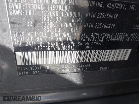 2022 Toyota RAV4 Hybrid SE with VIN 4T3T6RFV1NU068121, listed as a IAAI auction lot 42304467 with Not provided miles and . Bid and sale history available at DreamBid. Image 9.