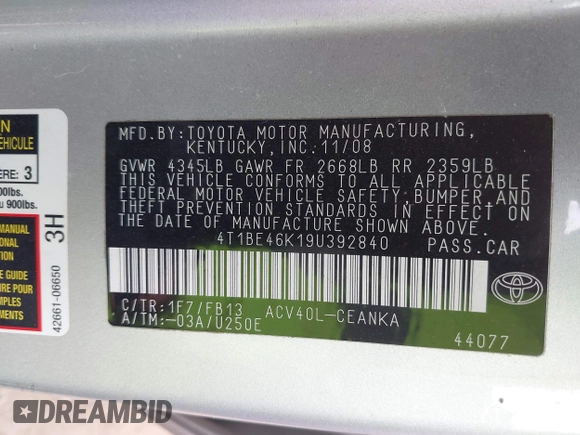 2009 Toyota Camry with VIN 4T1BE46K19U392840, listed as a IAAI auction lot 42056237 with 210,221 mi miles. Bid and sale history available at carsss.com. Image 9.