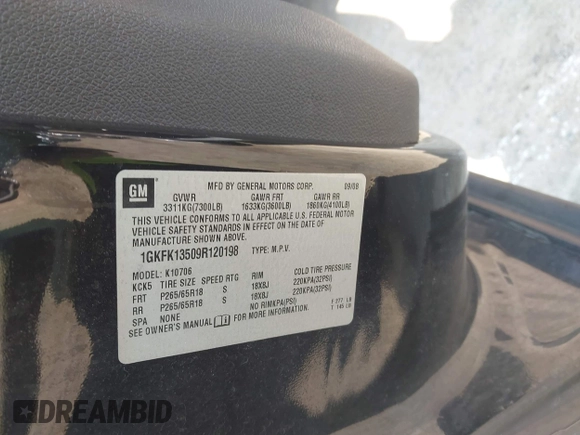 2009 GMC Yukon z VIN 1GKFK13509R120198, wystawiony jako IAAI lot #42426935 z przebiegiem Nie podano mil oraz . Historia ofert i sprzedaży dostępna na DreamBid. Obrazek 9.