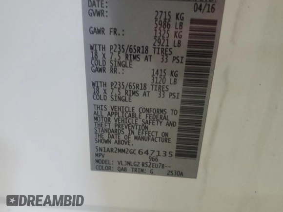 2016 Nissan Pathfinder SL с VIN 5N1AR2MM2GC647135, выставлен на аукционе Copart как лот 59543075 с пробегом 204 855 миль миль и Чистый • Clean title. История ставок и продаж доступна на DreamBid. Изображение 13.