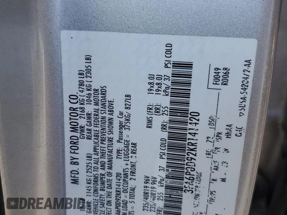 2019 Ford Fusion Titanium with VIN 3FA6P0D92KR141420, listed as a Copart auction lot 88300925 with 138,136 mi miles and Salvage Title. Bid and sale history available at carsss.com. Image 14.