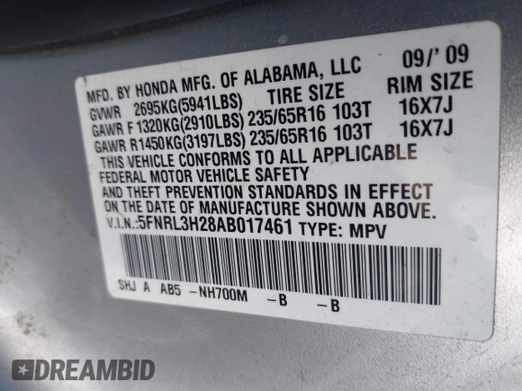2010 Honda Odyssey LX с VIN 5FNRL3H28AB017461, выставлен на аукционе IAAI как лот 42529742 с пробегом 194 363 миль миль и . История ставок и продаж доступна на DreamBid. Изображение 9.