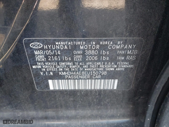 2014 Hyundai Elantra SE with VIN KMHDH4AE8EU150798, listed as a IAAI auction lot 41752024 with 115,963 mi miles. Bid and sale history available at carsss.com. Image 9.