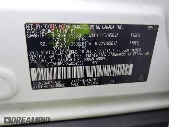 2019 Toyota RAV4 XLE with VIN 2T3W1RFV3KW054552, listed as a IAAI auction lot 40885219 with 40,695 mi miles and . Bid and sale history available at DreamBid. Image 9.
