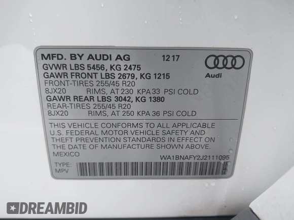 2018 Audi Q5 Premium Plus with VIN WA1BNAFY2J2111095, listed as a IAAI auction lot 41977544 with 107,852 mi miles. Bid and sale history available at carsss.com. Image 9.
