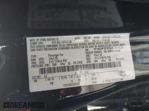 2018 Ford Focus SE z VIN 1FADP3FE9JL303933, wystawiony jako IAAI lot #42530171 z przebiegiem Nie podano mil oraz . Historia ofert i sprzedaży dostępna na DreamBid. Obrazek 9.