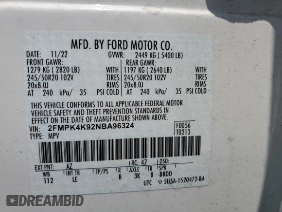 2022 Ford Edge Titanium with VIN 2FMPK4K92NBA96324, listed as a Copart auction lot 60516385 with Not provided miles and Salvage title. Bid and sale history available at DreamBid. Image 13.